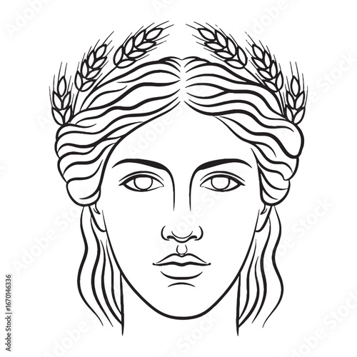 Mythical Demeter Line Art – Wheat Sheaf Vector Illustration Classical Fertile Goddess Drawing – Demeter Drawing – Line Art Drawing of Demeter – Demeter Icon – Greek Goddess Vector