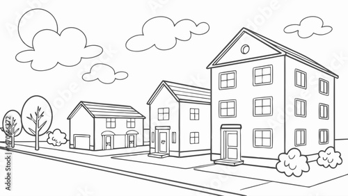 Houses in a Row Illustration Black and White Sketch.
