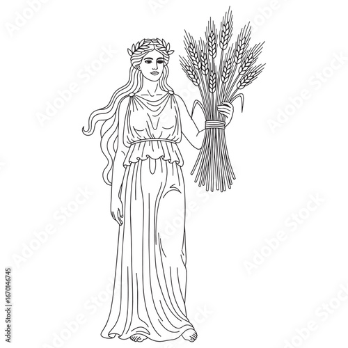 Fertility Goddess Demeter Line Art – Crops and Grain Vector Outline Drawing with Seasonal Flow – Demeter Drawing – Vector of Demeter – Demeter Outline – Greek Goddess Lineart