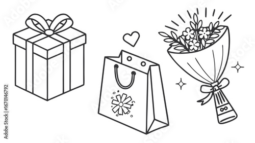 Simple Gift Shopping Bag and Bouquet Illustrations.