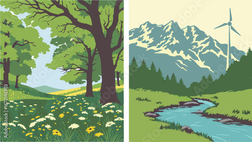 Floral Meadow and Mountain Stream with Wind Turbine Nature Ecology and Renewable Energy Illustration.