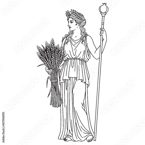 Mythical Demeter Line Art – Grain Field Vector Outline Drawing with Abundant Harvest Form – Demeter Drawing – Vector of Demeter – Demeter Outline – Greek Goddess Lineart