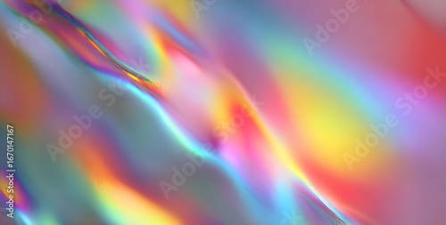 Holographic, iridescent rainbow-colored background, blurred.