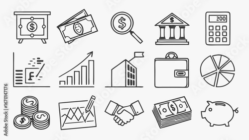 Financial Icons and Symbols Set in Outline Style.