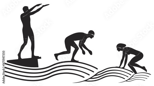 Silhouettes of swimmers diving into water stylized illustration aquatic sports competition black and white graphic design.
