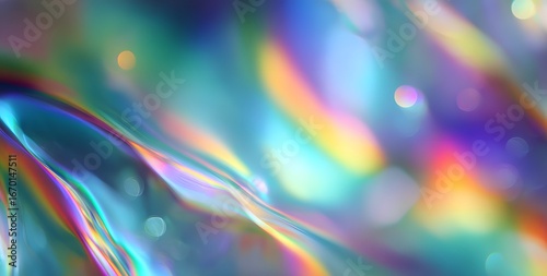 Holographic, iridescent rainbow-colored background, blurred.