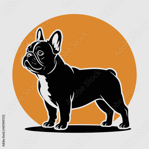 Black french bulldog silhouette against a warm orange circle
