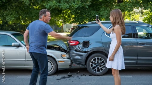 Man and woman at scene of car accident documenting with phone