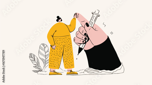 Cartoon illustration of woman holding weight loss injection modern hand drawn style
