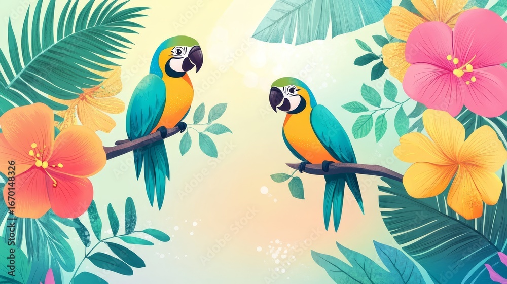 vibrant collection of cute summer-themed icons featuring playful cartoon parrots with colorful feathers, perched on tropical branches exotic flowers in shades of pink, orange, and yellow bloom vibrant collection of cute summer-themed icons featuring playful cartoon parrots with colorful feathers, perched on tropical branches exotic flowers in shades of pink, orange, and yellow bloom