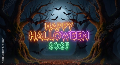 Spooky bats fly around neon Happy Halloween 2025 sign in dark forest