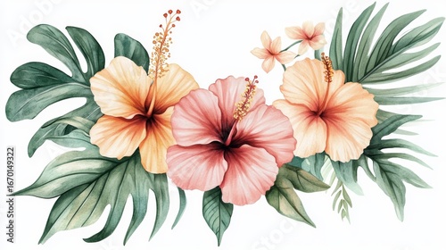 Fototapeta Naklejka Na Ścianę i Meble -  artistic watercolor vector set of tropical flowers and leaves, featuring hand-painted hibiscus blooms, delicate orchids, and gracefully arching palm fronds the seamless blend of warm floral tones and