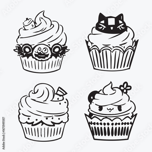 Set of cute cupcakes and cakes vector illustration with chocolate cream and cherries