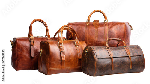 Luxury Travel Bags: A flat lay of luxury travel bags made from premium leather, isolated on a Transparent background, PNG file.