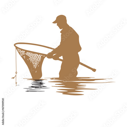 Vector art of silhouette of a fisherman in waders holding a fishing net in the water