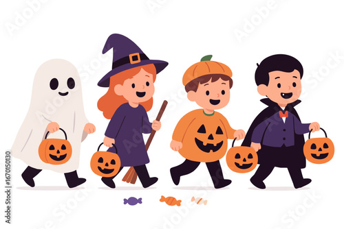 Cute children in costumes trick or treating with pumpkin baskets on Halloween night.