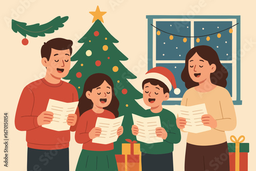  Illustration of children and family singing Christmas carols beside a decorated tree.