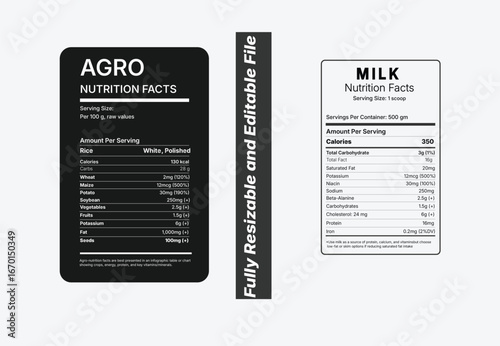 Nutrition facts Label. Vector. Food information with daily value. Data table ingredients calorie, fat, sugar, Package template, Layout design, Nutrition Facts