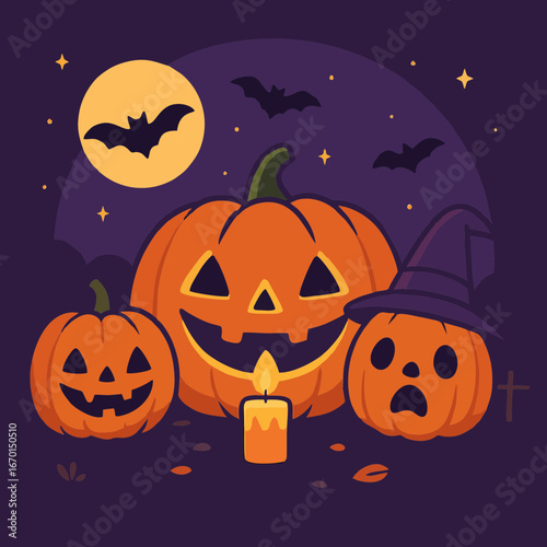 Carved Halloween pumpkins glowing at night with bats and moon in background.