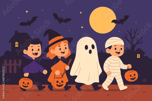 Cute children in Halloween costumes trick or treating at night with bats and moon.