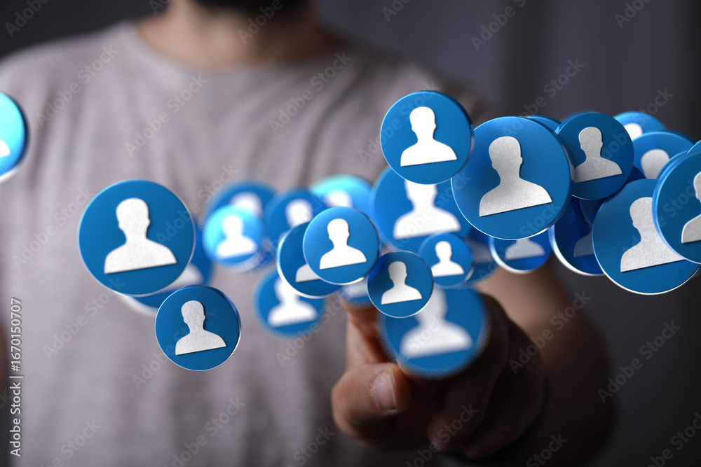 Hand interacting with digital icons representing social media connections and networking. Hand interacting with digital icons representing social media connections and networking.