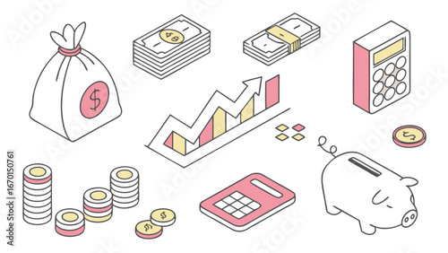 Financial Icons and Symbols in Isometric Style.
