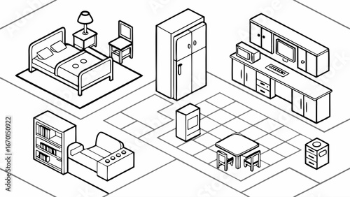 Isometric illustration of a home interior design with bedroom kitchen and living room furniture.