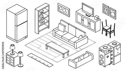 Interior Design Collection - Isometric View of Furniture.