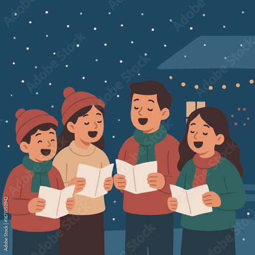 Group of kids singing Christmas carols outdoors in winter night.