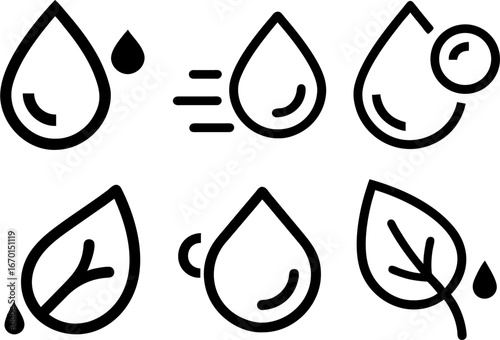 Dew Point and Water Drop Eco Icons Set: Minimal outline icons of dew point, humidity, and water drops with leaf elements for weather, HVAC, sustainability designs, and app UI.
