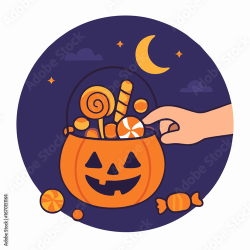 Halloween pumpkin bucket filled with candies and sweets at night.