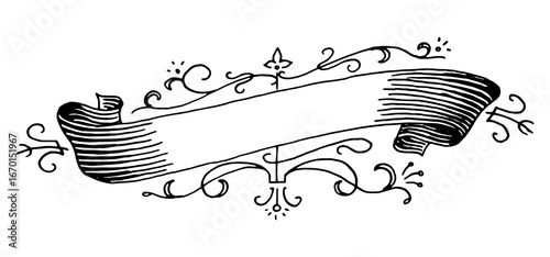 Set of scroll ribbon banner in Barocco style. Hand drawn engraving for your text in vintage traditional technique. For wedding, events, birthday and greetings.