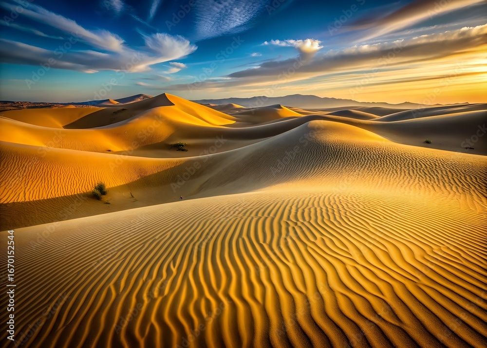 Naklejka premium Golden sand dunes landscape under a blue sky at sunset in the desert