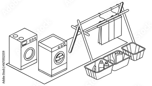 Household Laundry Room with Washing Machines and Drying Rack Drawing.