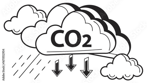 Cartoon illustration of CO2 emission and rain clouds.