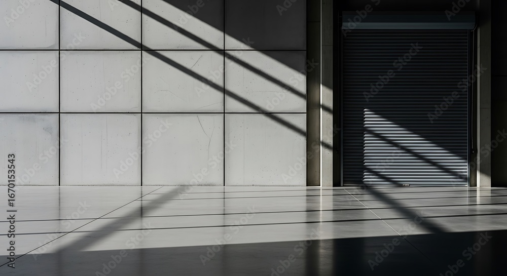Fototapeta premium Modern architectural space with strong diagonal shadows cast across a textured wall and floor