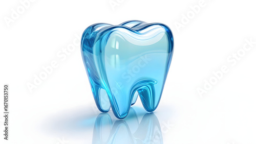 3D transparent blue glass tooth icon isolated on white background symbolizing dental health and oral hygiene