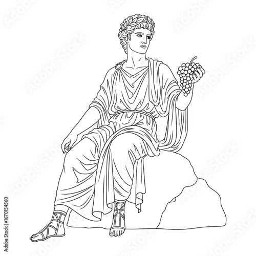 Harvest Dionysus Line Art – Vineyard Vector Outline Drawing with Ancient Wine Symbol – Dionysus Drawing – Vector of Dionysus – Dionysus Outline – Greek God Lineart
