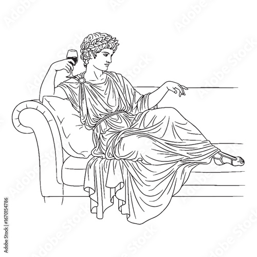 Dionysus Wine Celebration Line Art – Grapes Vector Illustration Artistic God Drawing – Dionysus Drawing – Line Art Drawing of Dionysus – Dionysus Icon – Greek God Vector