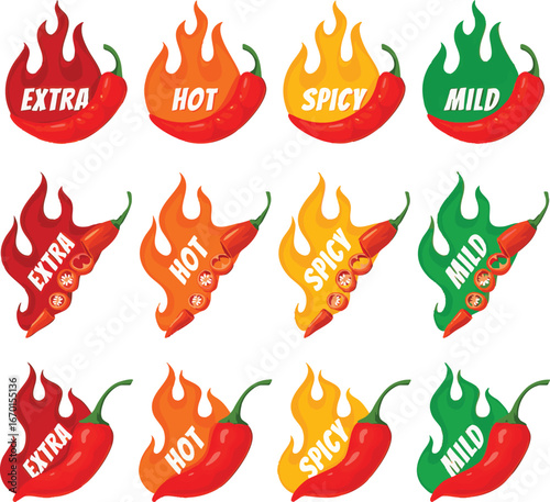 Fiery Chili Pepper Heat Level Indicators Extra, Hot, Spicy, and Mild