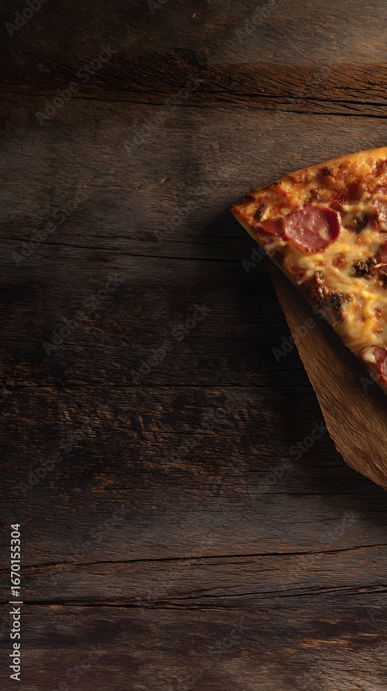 Fototapeta premium Pizza slice on wooden board, background with rustic vibe and branding space