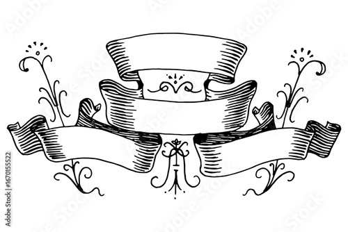 Set of scroll ribbon banner in Barocco style. Hand drawn engraving for your text in vintage traditional technique. For wedding, events, birthday and greetings.