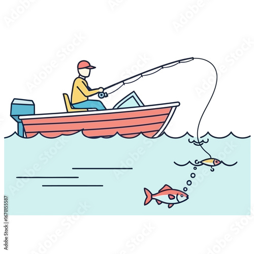 Fishing from a boat A man angling in serene water tempting fish with a lure ideal for illustrating outdoor recreation and leisure activities embodying patience and skill