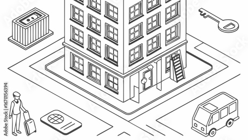 Isometric illustration of a hotel building traveler with luggage transportation and key Perfect for travel accommodation and tourism concepts.