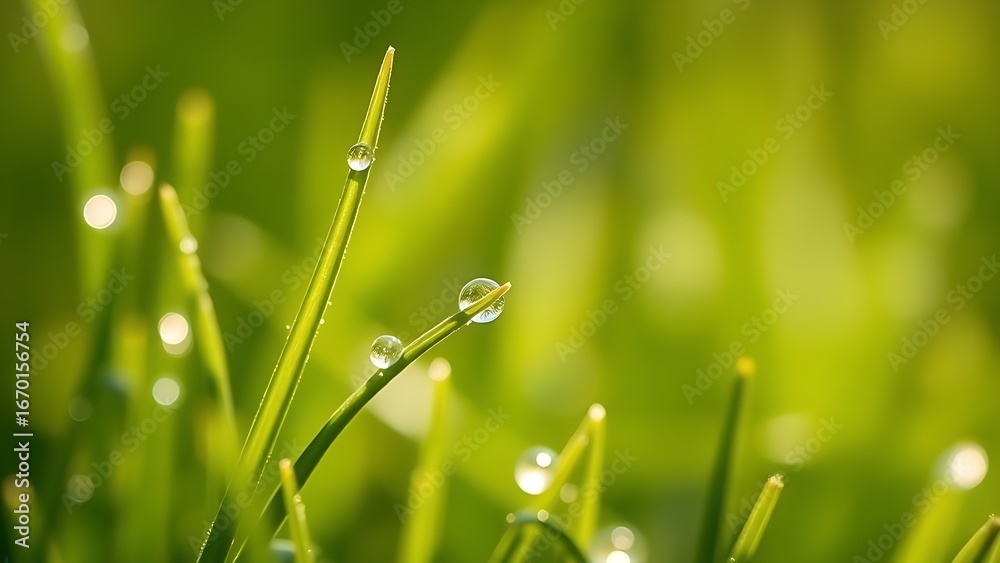 Fototapeta premium Morning dew glistens on tender grass blades, capturing the freshness of a spring day.