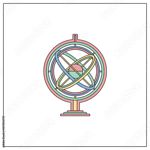 armillary sphere illustration cosmic harmony  astrological discovery depicted with pastel colors perfect for science education and astronomy research projects.