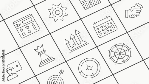 Business strategy icons planning management success growth target goal teamwork achievement planning process development infographic line art vector abstract modern design template presentation marke.