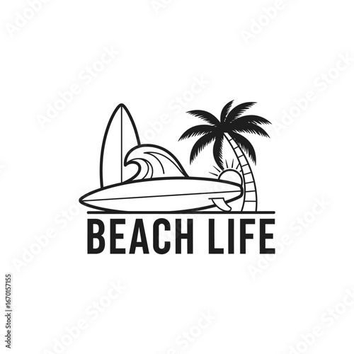 beach life featuring a surfboard wave and palm tree evoking relaxation and a carefree lifestyle suitable for travel blogs and coastal promotions.