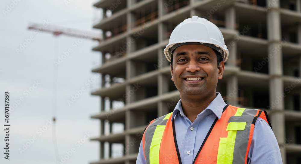 Construction engineer smiling in front of building site with crane. Construction engineer smiling in front of building site with crane.