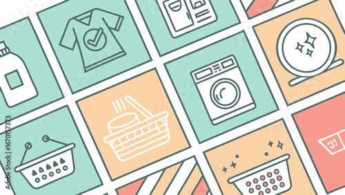 Laundry and Cleaning Icon Set on Colorful Background.